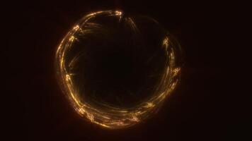 Radiant golden energy loops intertwine in a mesmerizing abstract formation on a dark background video