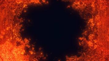 Abstract glowing fiery frame with a dark center, resembling a digital energy portal or a burning vortex video