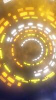 Abstract glowing spiral of digital orange, yellow, and white blocks on a smoky background, representing technology and energy flow video