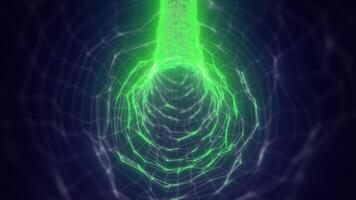 Bright green tunnel with digital grid lines, forming a high-tech energy channel video