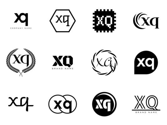 XQ logo template. Letter x and q logotype. Set different classic serif lettering and modern bold text with design elements. Initial font typography.