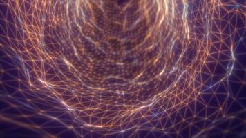 Abstract glowing tunnel of triangular wireframes in warm golden tones, forming a complex digital vortex video