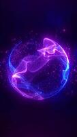 Vibrant digital sphere with blue and pink glowing particles and swirling neon patterns on a dark purple background video