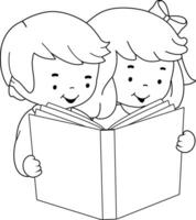 Children reading a book. Little girl and boy study together. Black and white coloring page. vector