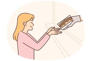Woman receiving dessert from waiter vector