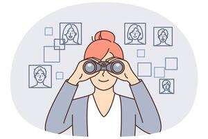 Person with binoculars observing pictures vector