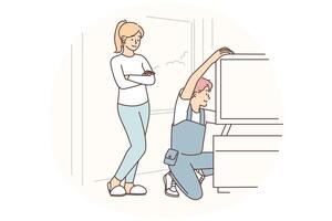 Technician installing a television at home vector