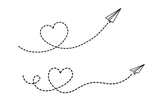 Paper plane with line heart path. Outline of airplane shown with track, toy jet, or craft shape. Clean minimal style. vector