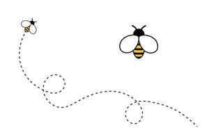 Bee on dotted route, bumblebee fly on line path, icon of yellow insect on a white background. vector