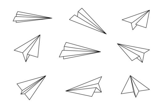 icon of a paper plane and airplane for mail or flight with thin outline drawing and pictogram, created as web art illustration by jet or aeroplane design. vector