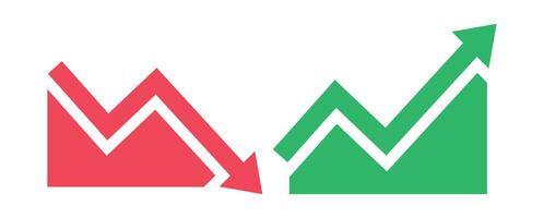 Graph going down and up sign with green and red arrows . Bar chart symbol icon with arrow moving down and sales bar chart with arrow moving up. vector