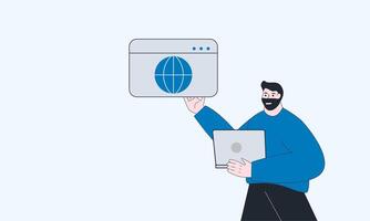 digital marketing target market adjustment concept. man with laptop presenting market share dashboard vector