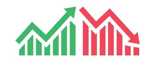 Graph going down and up sign with green and red arrows . Bar chart symbol icon with arrow moving down and sales bar chart with arrow moving up. isolated on white background vector