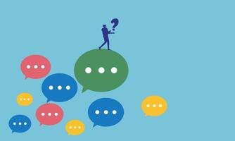 businessman looking out of speech bubble Asking business questions to find answers or solutions vector
