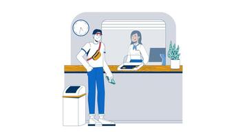 Customer depositing cash at bank teller counter cartoon animation. Foreign currency exchange. Banking cashier window booth animated flat 2D characters 4K isolated on white, scene storytelling video