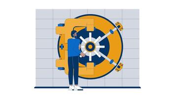 Banking employee turning handle to open bank vault door cartoon animation. Black man with access to protected financial assets animated flat 2D character 4K isolated on white, scene storytelling video