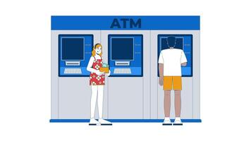 Diverse people using ATM machines for banking transactions cartoon animation. Woman with wallet, black man withdrawing money animated flat 2D characters 4K isolated on white, scene storytelling video