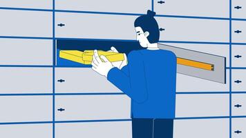 Bank employee examining gold bars in safe deposit box 2D cartoon animation. Secure asset management. Man appraising goldbars inside vault animated flat character 4K background scene storytelling video