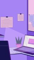 Lofi office desk setup with glowing laptop screen vertical animation background. Pinned notes, potted plant. Lo fi workspace purple 2D cartoon animated backdrop wallpaper 4k . Chill aesthetic video