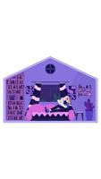 Nighttime reading in cozy home library transparent overlay animation. Woman flipping book pages on sofa. Bookshelves room. Vertical 2D cartoon animated element 4k . Decorative motion graphics video