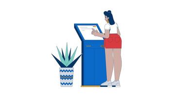 Latina woman using self service banking kiosk cartoon animation. Female customer interacts with touchscreen payment terminal animated flat 2D character 4K isolated on white, scene storytelling video