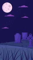 Graveyard moonlight lofi vertical animation background. Moonlit cemetery with tombstones under starry night sky. Haunted calm. Lo fi 2D cartoon animated backdrop wallpaper 4k . Chill aesthetic video