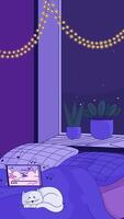 Cozy catnap with lofi tunes vertical animation background. Peaceful night bedroom with white cat sleeping on bed, string lights. Lo fi 2D cartoon animated backdrop wallpaper 4k . Chill aesthetic video