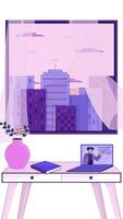 City view window desk setup with laptop webinar transparent overlay animation. Curtain fluttering breeze, virtual learning. Vertical 2D cartoon animated element 4k . Decorative motion graphics video