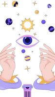 Surreal cosmic mystical eye and planets transparent overlay animation. Spiritual floating hands, esoteric celestial symbols. Vertical 2D cartoon animated element 4k . Decorative motion graphics video