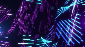 Abstract neon blue and purple dots and lines forming a digital world map with glowing connections on a dark background. Futuristic technology, data network, and global communication motion background video
