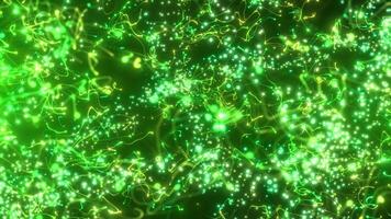 Dynamic green and yellow glowing particles swirling in abstract motion. Futuristic energy flow animation perfect for backgrounds, tech intros, scientific visuals or digital art projects. Seamless loop video