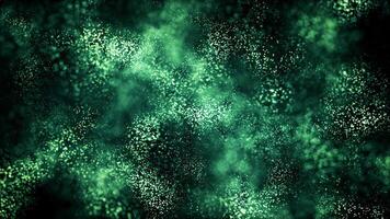 Abstract green particles and dust floating in dark space, creating a magical and dreamy atmosphere. Perfect for backgrounds, fantasy projects, nature-inspired visuals, or digital motion design video