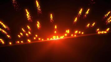 Bright orange and yellow sparks and glowing particles rising in dark space like fire embers or fireworks. Dynamic fiery background perfect for celebration, energy, abstract, or cinematic visuals video