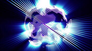 Abstract glowing sphere formed by dynamic neon lines. Pulsating light patterns in blue and purple hues. Perfect for tech, sci-fi, energy, or digital motion backgrounds. Seamless looping animation video
