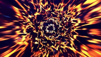 fogosa vórtice do brilhando laranja e amarelo partículas fiação em uma Sombrio fundo. energia alta abstrato animação ideal para ficção científica, espaço, ou explosivo visual efeitos. desatado looping animação video