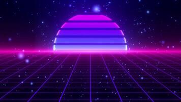 Retro 80's synthwave animation with bright sun, cyber space and starry sky. Bright neon colors create a nostalgic futuristic atmosphere. Perfect for music videos, backgrounds or intros. video