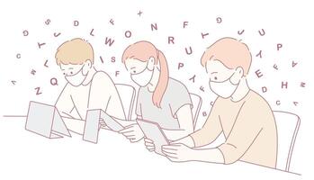 Students reading on tablets in masks vector