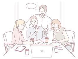 Colleagues discussing ideas around a laptop vector