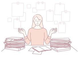Woman meditating with paperwork around vector