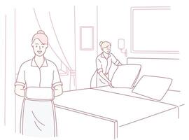 Housekeeping staff are preparing a hotel room for new guests, ensuring it is pristine vector
