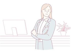 A confident professional woman stands with poise in a modern office environment setting vector