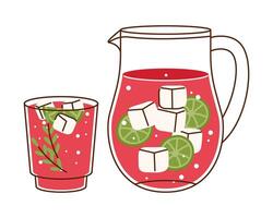 Cold rhubarb lemonade in pitcher, glass with lime slices and ice cubes hand drawn icon vector