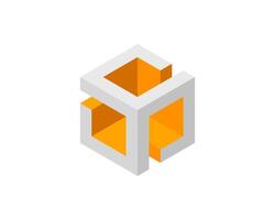 Abstract isometric cube design. Modern, minimalist style with grey and orange color scheme. Perfect for technology, architecture, or corporate branding. vector