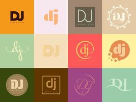 DJ logo company template. Letter d and j logotype. Set different classic serif lettering and modern bold text with design elements. Initial font typography. vector