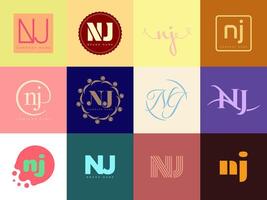 NJ logo template. Letter n and j logotype. Set different classic serif lettering and modern bold text with design elements. Initial font typography. vector