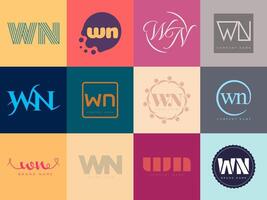 WN logo template. Letter w and n logotype. Set different classic serif lettering and modern bold text with design elements. Initial font typography. vector