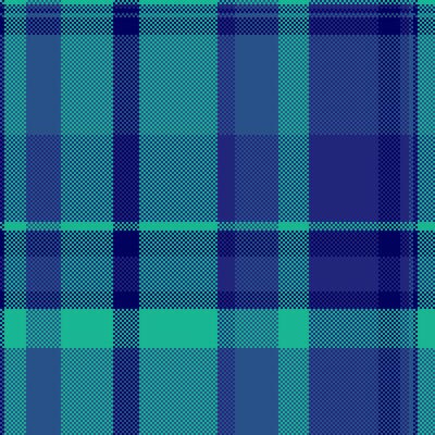 Detailed pixelated plaid pattern with intersecting dark blue, teal, lighter blue stripes. Useful for backgrounds, textiles, retro designs with a structured feel.