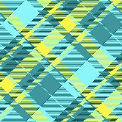 National tartan check plaid, luxurious texture fabric pattern. Christmas card textile background seamless in cyan and yellow colors.