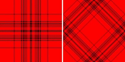 Two seamless red plaid patterns, one vertical, one diagonal. Classic textile design, perfect for backgrounds, fabric swatches, or festive themed projects. Bold, vibrant, and traditional. vector