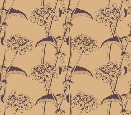 Elegant floral seamless pattern. A sophisticated design featuring stylized Lantana flowers in deep maroon on a beige background. Perfect for wallpaper, textile prints, packaging, and stationery.
